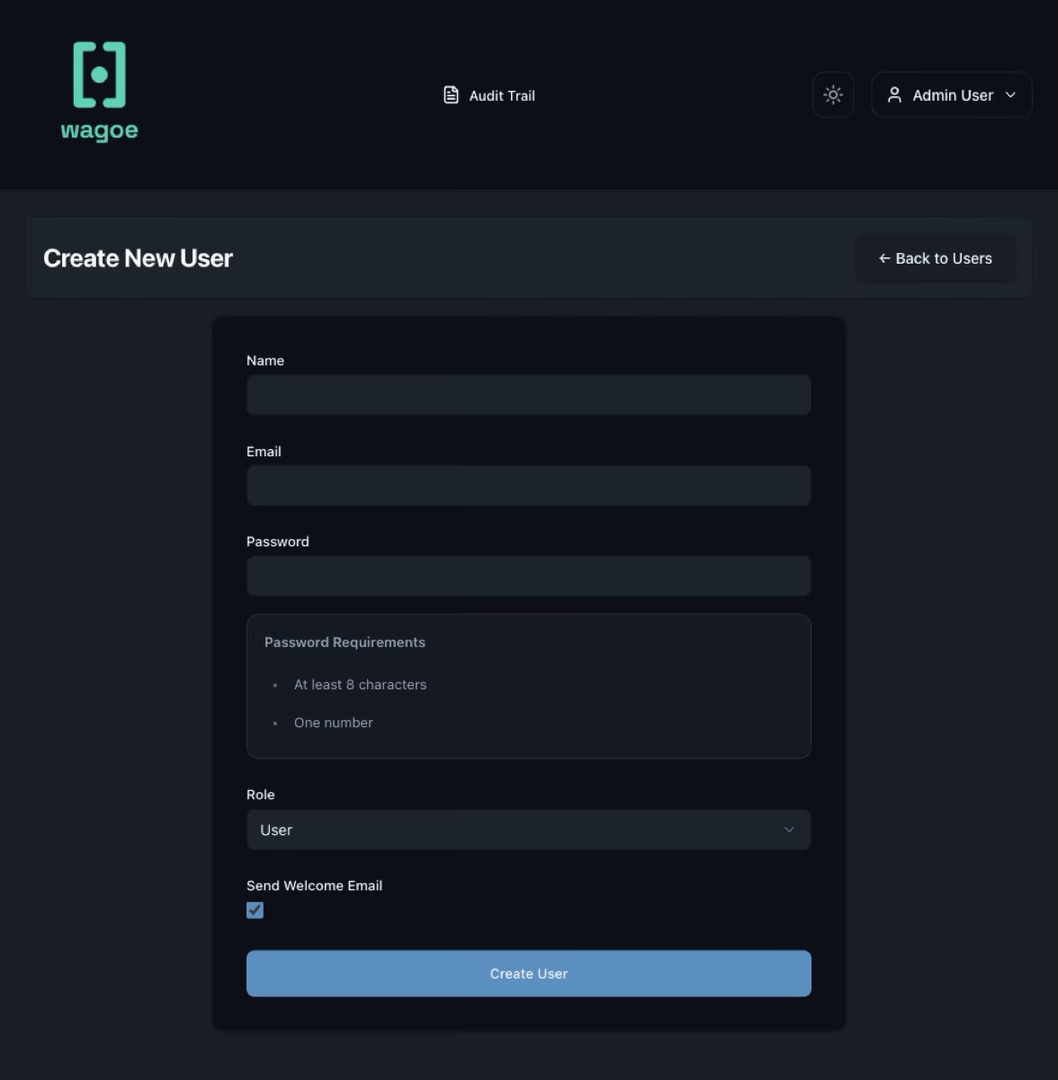 The generated Create New User form with fields for name, email, password, role and a welcome-email checkbox, and a panel listing the password requirements.
